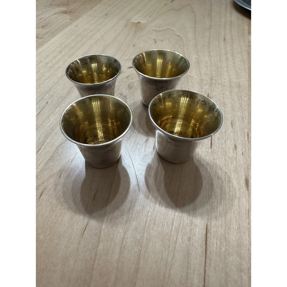 Vtg Art Deco Silverplated Filigree Set Bottle 4 Cups & Tray Shot Decanter Russia